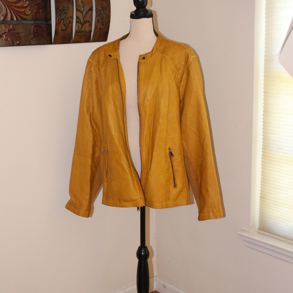 Sebby Collection, mustard yellow faux leather Moto jacket wit front zip pockets - Picture 1 of 13